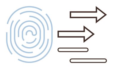Açık mavi renkte parmak izi tasarımı kalın ok ve çizgilerle eşleştirilerek veri akışını, erişimi ve kimlik doğrulamasını sembolize ediyor. Biyometrik, güvenlik, veri transferi, analiz ve teknoloji için ideal