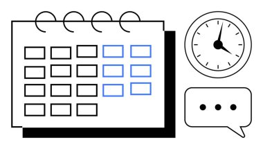 Şebeke planıyla takvim, zaman farkındalığını sembolize eden saat ve iletişim için sohbet balonu. Planlama, üretkenlik, zaman yönetimi, takım çalışması, iletişim, hatırlatıcılar için ideal