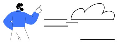 Hareket çizgileri olan bir bulutu işaret eden bir adam. Bulut hesaplama, iletişim, yenilik, teknoloji, veri transferi, beyin fırtınası, işbirliği için ideal. Basit bir daire.