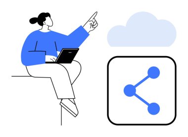 Dizüstü bilgisayarla oturan kadın, paylaşım ağı simgesinin üstündeki bulutu işaret ediyor. Teknoloji, bulut hesaplama, ağ, veri paylaşımı, işbirliği, dijital araçlar, basit iniş sayfası için ideal