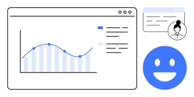 Veri noktaları olan çizgi grafiği, avatarlı kullanıcı profili ve başarıyı temsil eden gülen duygu. Veri görselleştirme, geri bildirim izleme, kullanıcı deneyimi, performans artışı, analiz için ideal