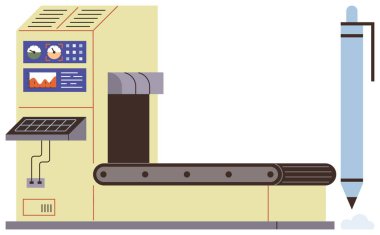 Kontrol paneli, monitörleri ve konveyör bandı olan bir makine, kalem üretiyor. Üretim, endüstri, otomasyon, teknoloji verimliliği için ideal. Basit düz metafor