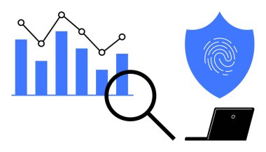 Eğilim çizgileri olan çubuk grafik veri analizini simgeler, parmak izi kalkanı dijital güvenliği temsil eder ve dizüstü bilgisayar teknolojiyi ön plana çıkarır. Analiz, siber güvenlik, iş, teknoloji ve yenilik için ideal