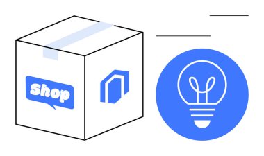 E-ticaret etiketli karton kutu ve yenilik, dağıtım, çevrimiçi perakende, yaratıcı fikirler, lojistik, ambalaj ve girişimleri temsil eden soyut ampul ikonu. E-ticaret markası için ideal.