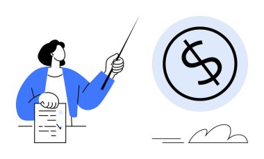 Elinde bir dolar işareti sembolü ile birlikte finansal stratejiyi gösteren belge ve işaretçi tutan bir kadın. Finans, planlama, strateji, eğitim, iş büyümesi, eğitim sunumları için ideal. Basit.