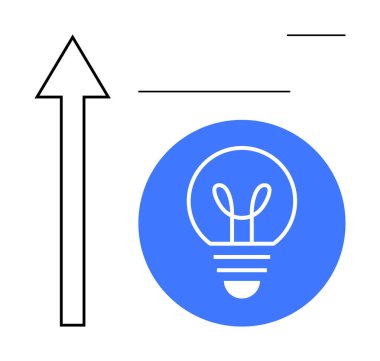 Yukarı doğru ok, yenilik, ilerleme ve fikirleri temsil eden mavi ampul ikonu ile birlikte. Ticari büyüme, yaratıcılık, başarı, strateji, yenilik, başlangıç hedefleri için ideal