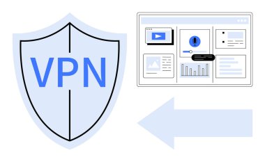 Bir ok ile bağlı ortam, uyarı ve grafik simgeleri ile web tarayıcısının yanında VPN metin yer alan kalkan. Siber güvenlik, çevrimiçi gizlilik, veri şifreleme, güvenli tarama, internet bağlantısı için ideal