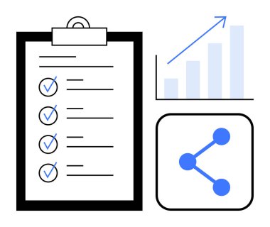 Verimliliği ve ilerlemeyi vurgulayan işaretli kontrol listesi, yukarı doğru grafik ve ağ simgesi. Üretkenlik, planlama, analitik, takım çalışması, strateji, yönetim için ideal basit iniş sayfası