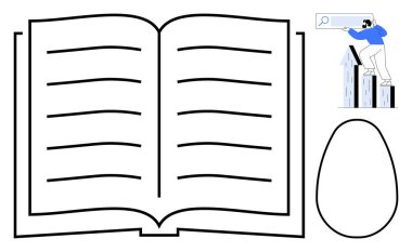 Düzenli çizgilerle dolu açık bir kitap, büyümeyi simgeleyen oklar ve yumurta şeklini gösteren büyüteç kullanan bir adam. Öğrenim, eğitim, büyüme, analiz, yenilik, keşif ve yaratıcılık için ideal