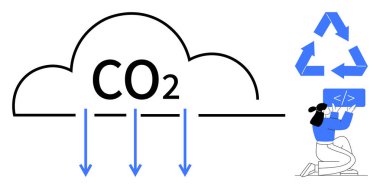 Aşağıya doğru oklu karbondioksit bulutu küçülmeyi, geri dönüşüm sembolünü, dişiyi temsil ediyor. Sürdürülebilirlik, eko-dostluk, teknoloji, karbon azaltma, çevre, yeşil enerji için ideal basit