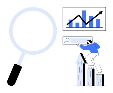 Büyüteç, yukarı doğru eğilimli büyüme tablosu, arama çubuğu okları kullanan kişi. Analiz, araştırma, ilerleme, büyüme, strateji iş keşfi için idealdir. Basit düz metafor