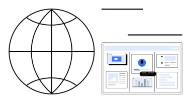Grafikleri, videosu ve uyarıları olan dijital bir gösterge panelinin yanında. Küresel ağ, veri paylaşımı, analitik, teknoloji, yazılım ekip çalışması ve çevrimiçi öğrenme için ideal. Basit düz