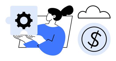 Bir dişli bulmaca parçası tutan kadın, problem çözme ve optimizasyonu sembolize ediyor, yenilik, teknoloji, finans ve para kazanma için bulut ve dolar işareti eşliğinde. Strateji için ideal
