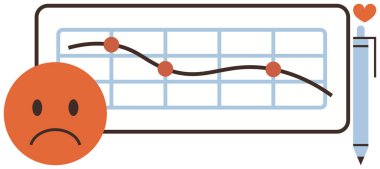 Üzücü yüz ve aşağıya doğru eğimli grafikler, kalem ve kalp detayı başarısızlığın, kaybın ya da negatif sonucun analizini gösteriyor. Finans, performans, akıl sağlığı, analitik, durgunluk ve eğitim için ideal