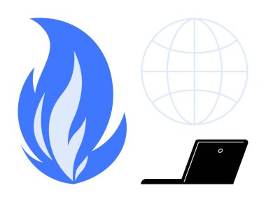 Dizüstü bilgisayarın yanında mavi alev, enerjiyi, teknolojiyi, küresel bağlantıyı, yeniliği vurgulayan küre. Sürdürülebilirlik, dijital dönüşüm, küreselleşme, yaratıcılık, bilişim endüstrisi için ideal