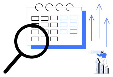 Büyüteç takvime odaklanıyor, program analizlerini gösteriyor. Büyüyen oklar ve uygun kişi planlama, ilerleme ve veri kavrayışına dair ipuçları verir. Zaman yönetimi, üretkenlik ve iş için ideal