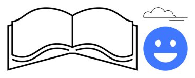 Cesur çizgileri olan açık bir kitap, maviler içinde gülen bir yüz ve küçük bir bulut çizgisi. Eğitim, yaratıcılık, öğrenme, hikaye anlatma, iyimserlik, basitlik ilhamı ve basit bir iniş sayfası için ideal