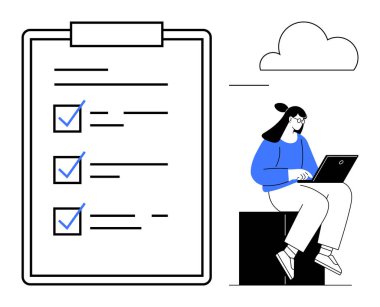 Büyük bir kontrol listesi panosunun yanında otururken dizüstü bilgisayarda yazan bir kadın. Üretkenlik, organizasyon, iş akışı, planlama, hedef belirleme, verimlilik, görev yönetimi için idealdir. Basit düz