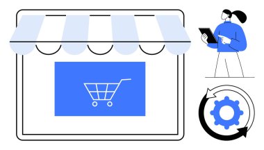 Alışveriş arabası ikonu olan dijital vitrin tablet tutan kadın figürü ve oklu teçhizat. Ecommerce, internet sektörü, teknoloji yönetimi, otomasyon, dijital pazarlama, mağaza kurulumu için ideal