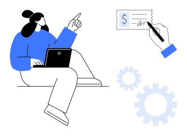 Bir kadın dizüstü bilgisayarda yazarken bir el de çeke yazıyormuş. Etrafı vites gözleriyle çevrili. Finans, bankacılık, takım çalışması, planlama, faturalar, işlem çalışma süreçleri için idealdir. Basit bir düz metafor.