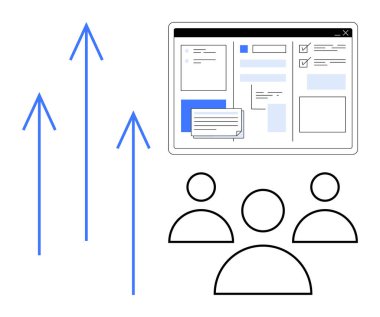 Çizelgeleri ve görevleri olan dijital gösterge paneli, bir grup insan ve yukarı bakan oklar. Takım çalışması, üretkenlik, ilerleme, veri, stratejik yenilik hedefi için ideal. Basit düz metafor