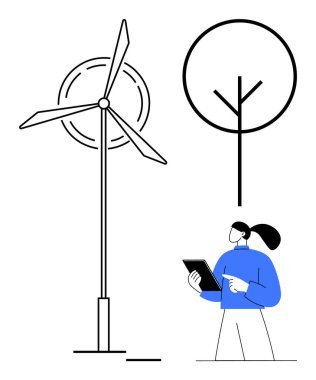 Yenilenebilir enerji teknisyeni, ekolojik bilinci vurgulayan soyut ağaç sembolüyle rüzgar türbini inceliyor. Enerji, çevre, sürdürülebilirlik, yenilik, yeşil teknoloji, eğitim, basit