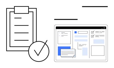 Görev yönetimi özelliklerini, yorumlarını ve onay kutularını gösteren kontrol listesi ve dijital arayüzlü pano. Organizasyon için ideal, üretkenlik, iş, planlama, iş akışı, işbirliği basit