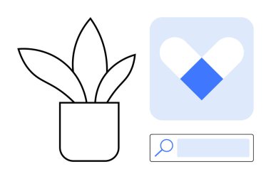 Saksıda bitki taslağı, büyüteçle arama çubuğu, mavi tasarımda soyut kalp. Teknoloji, sağlık, çevre, uygulama tasarımı, kullanıcı arayüzü, modern markalaşma sade iniş sayfası için ideal