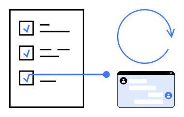 Çalışma akışının devamlılığını temsil eden sohbet penceresi ve döngü okuna bağlı tamamlanmış görevleri olan kontrol listesi. Görev yönetimi, takım çalışması, iletişim, üretkenlik, iş akışı, işbirliği için ideal