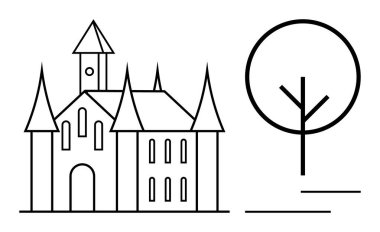 Yüksek kuleleri, kemerli pencereleri ve minimalist ağaç sembolüyle eşleştirilmiş bir girişi olan Gotik tarzı bir kale. Mimarlık, tarih, fantezi, hikaye anlatma, miras, ortaçağ dairesi için ideal