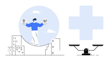 Binaların üzerinde ampul ve tokalaşmayı dengeleyen kişi, yenilik, işbirliği, eşitlik ve sağlık hizmetlerini sembolize ediyor. İş için ideal, takım çalışması, şehir planlaması, sağlık