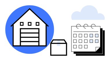 Depo binası, nakliye paketi ve planlama, planlama ve lojistik konularını vurgulayan takvim. Tedarik zinciri, envanter yönetimi, dağıtım, e-ticaret zamanı yönetim verimliliği için ideal