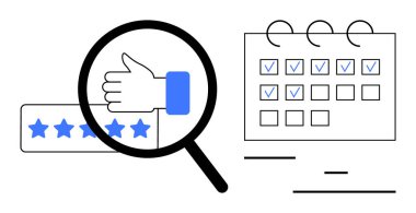 Baş parmaklar üzerinde büyüteç, yıldız derecelendirme çubuğu, kontrol işaretli takvim başarıyı iletir. Kalite kontrolü, proje planlaması, üretkenlik, geri bildirim, programlama, değerlendirme için ideal
