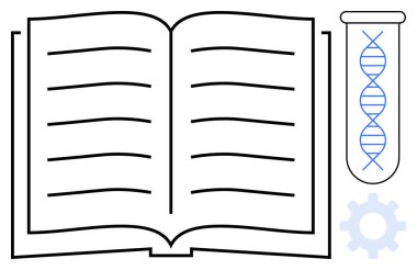 Metin olarak satırlar, DNA ipliği ve vites simgesi içeren test tüpü içeren kitabı aç. Eğitim, bilim, biyoteknoloji, yenilik, genetik araştırma ve bilgi gelişimi için idealdir. Basit düz