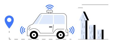 Yükselen bar çizelgesinin yanında sensörlü ve konum işaretli kendi kendine giden araba ulaşım, yenilik, otomasyon, navigasyon, veri analizi, teknoloji, basit iniş için ideal büyüme oranını gösteriyor