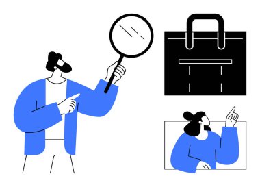 İki kişi büyüteçle detaylara odaklanıyor ve iş görüşlü fikirlere işaret ediyor. Takım çalışması için ideal, analiz, planlama, keşif, girişimcilik, problem çözme