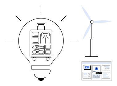 İçinde organize bavul bulunan ampul, rüzgar türbini ve sürdürülebilir seyahat, yenilenebilir enerji, verimlilik, yenilik, minimalizm ve organizasyonu sembolize eden veri paneli. İdeal