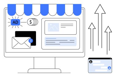 E- posta, reklam, para birimi simgeleri, yukarı bakan oklar ve web düzeniyle bilgisayar ekranı. Dijital strateji, reklam, e-ticaret, çevrimiçi trendler iş iletişimi yeniliği için ideal