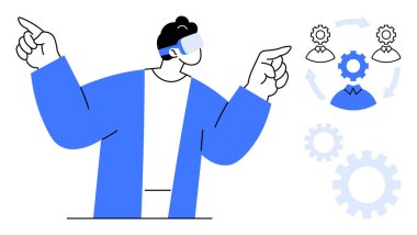 Vites simgeleri, avatarlar ve ağ oklarıyla çevriliyken VR kulaklık takan kişi. Takım çalışması, yenilik, teknoloji, iş akışı, iletişim liderliği için ideal. Basit düz