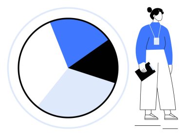 Pano tutan profesyonel bir kadının yanında farklı renkte dört bölümlü turta grafiği. Veri analizi, karar verme, araştırma, strateji, takım çalışması, finans ve eğitim için ideal. Basit düz