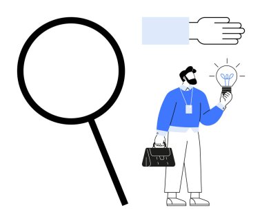 Büyüteç, el hareketi, profesyonelce tutulan ampul yaratıcılığı ve keşfi simgeliyor. İş için ideal, yenilik, araştırma, çözüm, analiz stratejisi ekip çalışması. Basit düz