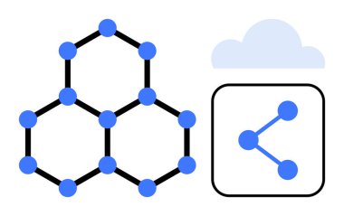 Mavi düğümleri ve siyah çizgileri olan altıgen bir yapı bulut ve simge paylaşımı. Teknoloji, yenilik, ağ, veri yönetimi, bulut hesaplama, işbirliği, basit iniş sayfası için ideal