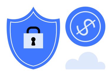 Mavi kalkanda asma kilit, dolar sikke ve bulut, veri güvenliği, finansal güvenlik ve bulut depolama konularını vurguluyor. Siber güvenlik, finans, veri, teknoloji bulut gizlilik için ideal