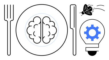 Tabakta çatal ve bıçakla servis edilen beyin yakında uçan böcek ve dişli ikonlu ampul. Düşünce, yaratıcılık, yenilik, fikir üretimi, problem çözme, entelektüel