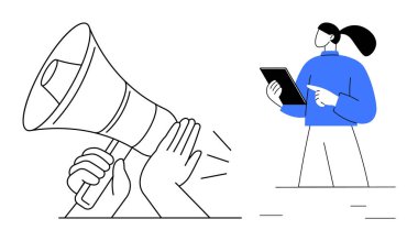 Tableti işaret eden bir kadın, elinde megafonla. İletişim, pazarlama, işbirliği, duyurular, halkla ilişkiler, takım çalışması, planlama ve basit iniş sayfası için ideal