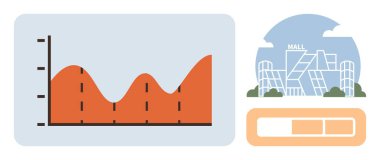 Modern bir alışveriş merkezi illüstrasyonu ve ilerleme barının yanında değişen istatistikleri gösteren grafikler. Perakende analizi, büyüme, iş eğilimleri, ticaret, pazarlama, strateji, ekonomi, basit