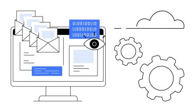 E- posta, ikili veri, göz simgesi, bulut ve vitesli bilgisayar ekranı. Teknoloji, veri yönetimi, siber güvenlik, bulut hesaplama otomasyon iletişimi ve basit iniş sayfası için ideal