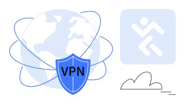 Yörünge çizgileri olan dünya küresi, VPN kalkan sembolü, bulut elementi ve dinamik insan figürü. Siber güvenlik, veri koruması, uzaktan erişim, bulut ağı, küresel bağlantı için ideal
