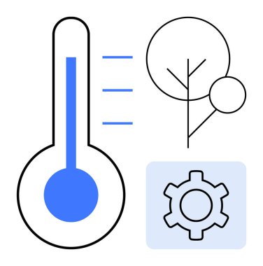 Termometre sıcaklık ayarlamasını, ekolojik ağaç diyagramını ve sistem kontrolü için teçhizatı gösteriyor. İklim, sürdürülebilirlik, teknoloji, eko-çözümler, enerji, strateji kavramları için ideal basit