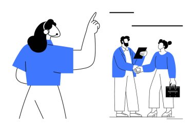 İki meslektaş el sıkışırken, bir kadın güven içinde konuşuyor. Belgeler ve evrak çantası. Liderlik, takım çalışması, iletişim, iş görüşmesi, profesyonel ilişkiler için ideal